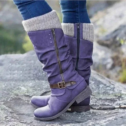 Women's slouchy knit-cuff mid-calf boots with side-zipper and buckle – Purple