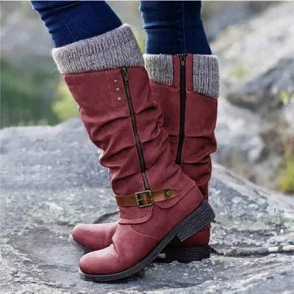 Women's slouchy knit-cuff mid-calf boots with side-zipper and buckle – Red