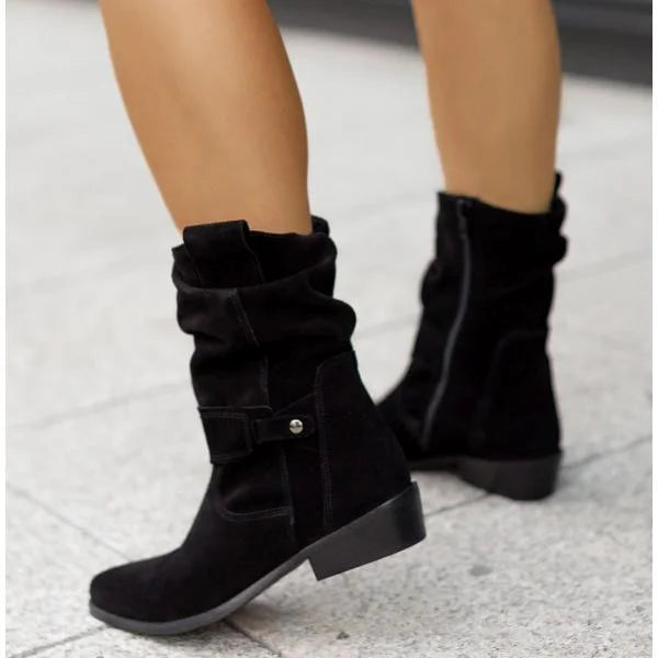 Women's slouchy suede ankle boots with zipper closure and buckle-strap