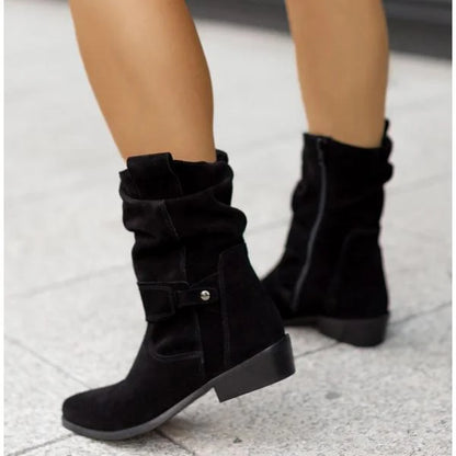 Women's slouchy suede ankle boots with zipper closure and buckle-strap