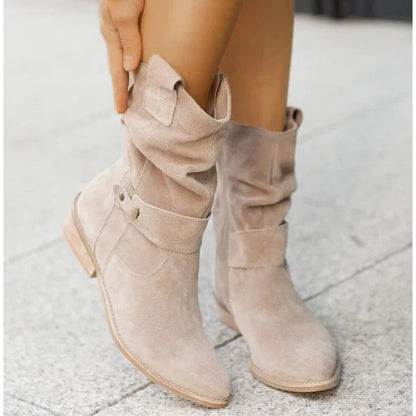 Women's slouchy suede ankle boots with zipper closure and buckle-strap