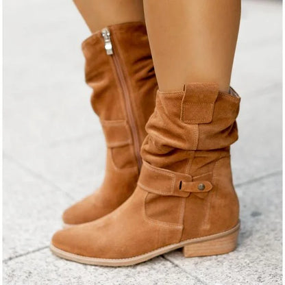 Women's slouchy suede ankle boots with zipper closure and buckle-strap