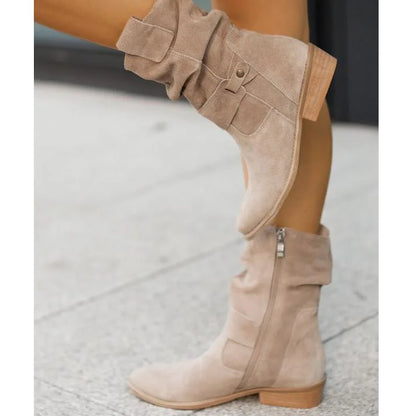 Women's slouchy suede ankle boots with zipper closure and buckle-strap