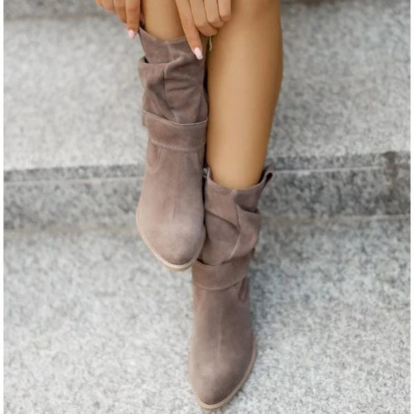 Women's slouchy suede ankle boots with zipper closure and buckle-strap