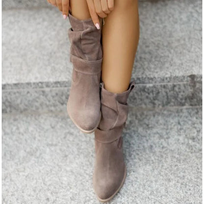 Women's slouchy suede ankle boots with zipper closure and buckle-strap