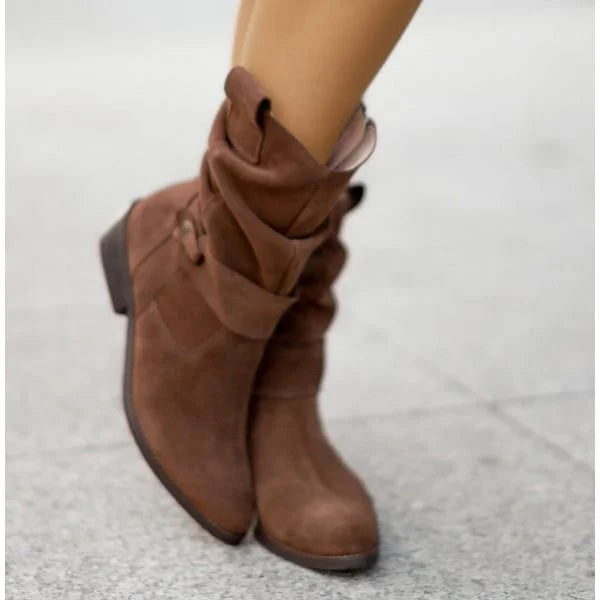 Women's slouchy suede ankle boots with zipper closure and buckle-strap