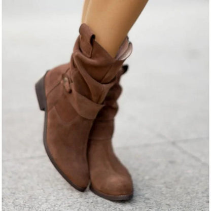 Women's slouchy suede ankle boots with zipper closure and buckle-strap
