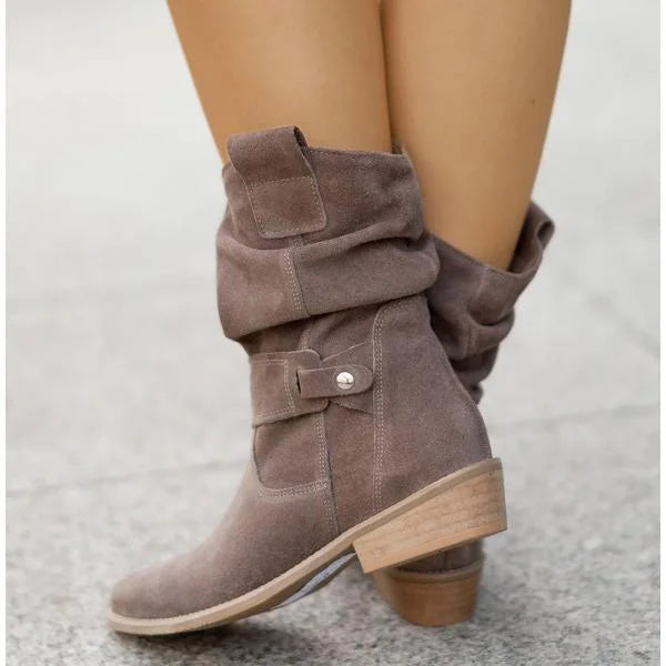 Women's slouchy suede ankle boots with zipper closure and buckle-strap – Alabaster Beige