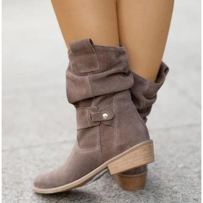 Women's slouchy suede ankle boots with zipper closure and buckle-strap – Alabaster Beige
