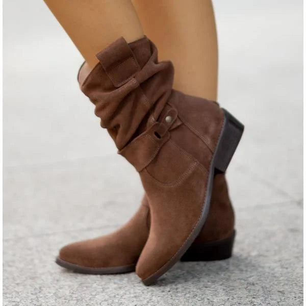 Women's slouchy suede ankle boots with zipper closure and buckle-strap – Arizona Brown