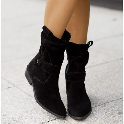 Women's slouchy suede ankle boots with zipper closure and buckle-strap