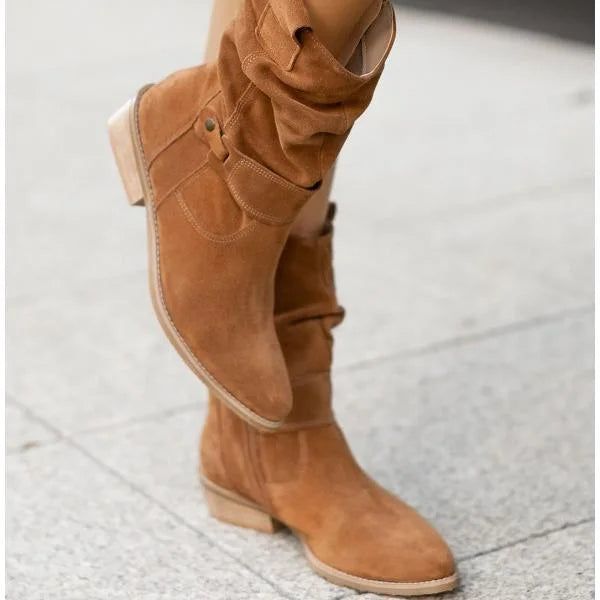 Women's slouchy suede ankle boots with zipper closure and buckle-strap