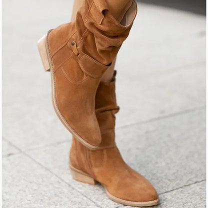 Women's slouchy suede ankle boots with zipper closure and buckle-strap