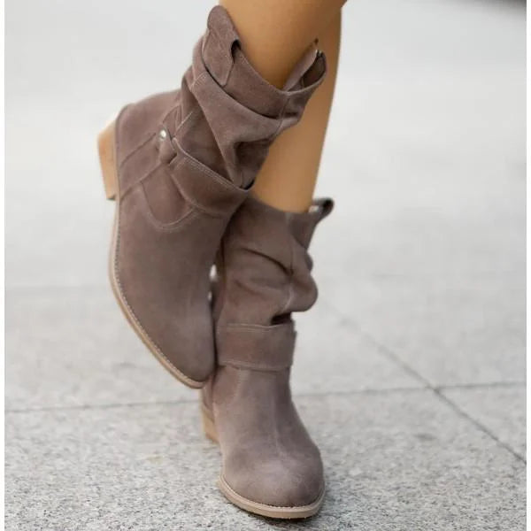 Women's slouchy suede ankle boots with zipper closure and buckle-strap