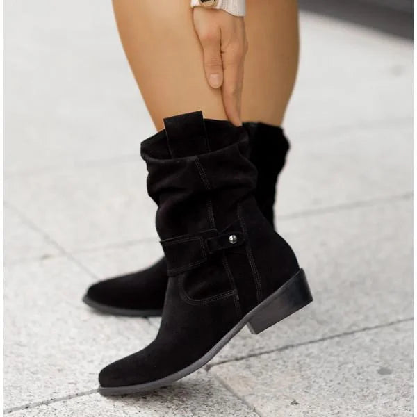 Women's slouchy suede ankle boots with zipper closure and buckle-strap – Manhattan Black