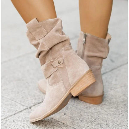 Women's slouchy suede ankle boots with zipper closure and buckle-strap – Suede Beige
