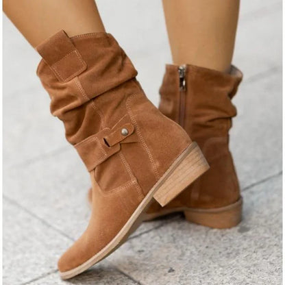 Women's slouchy suede ankle boots with zipper closure and buckle-strap – Texan Brown