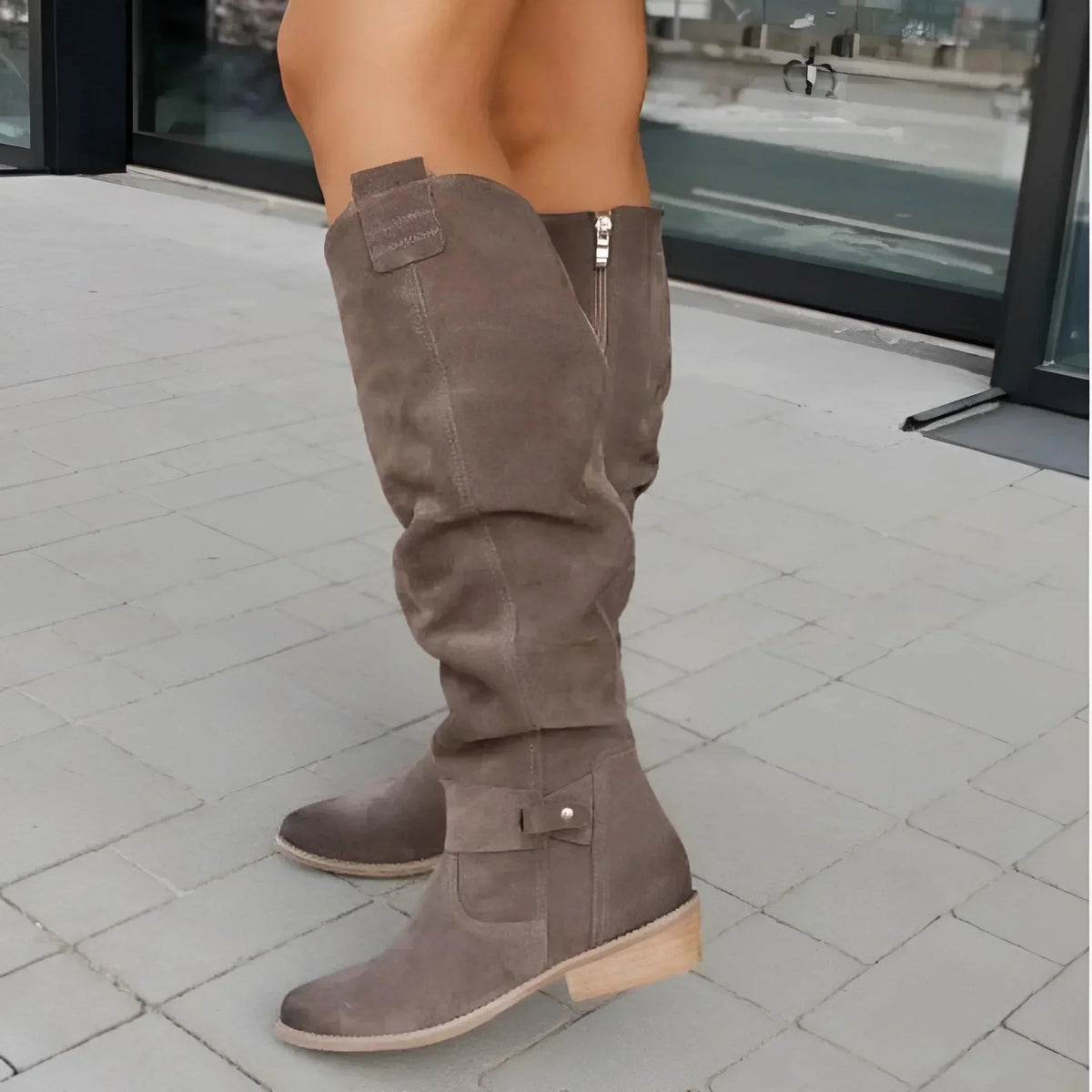 Women's slouchy suede knee-high boots with side zipper and buckle