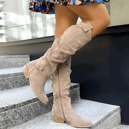 Women's slouchy suede knee-high boots with side zipper and buckle – Beige