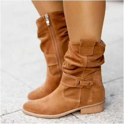 Women's slouchy suede knee-high boots with side zipper and buckle – Yellow Brown