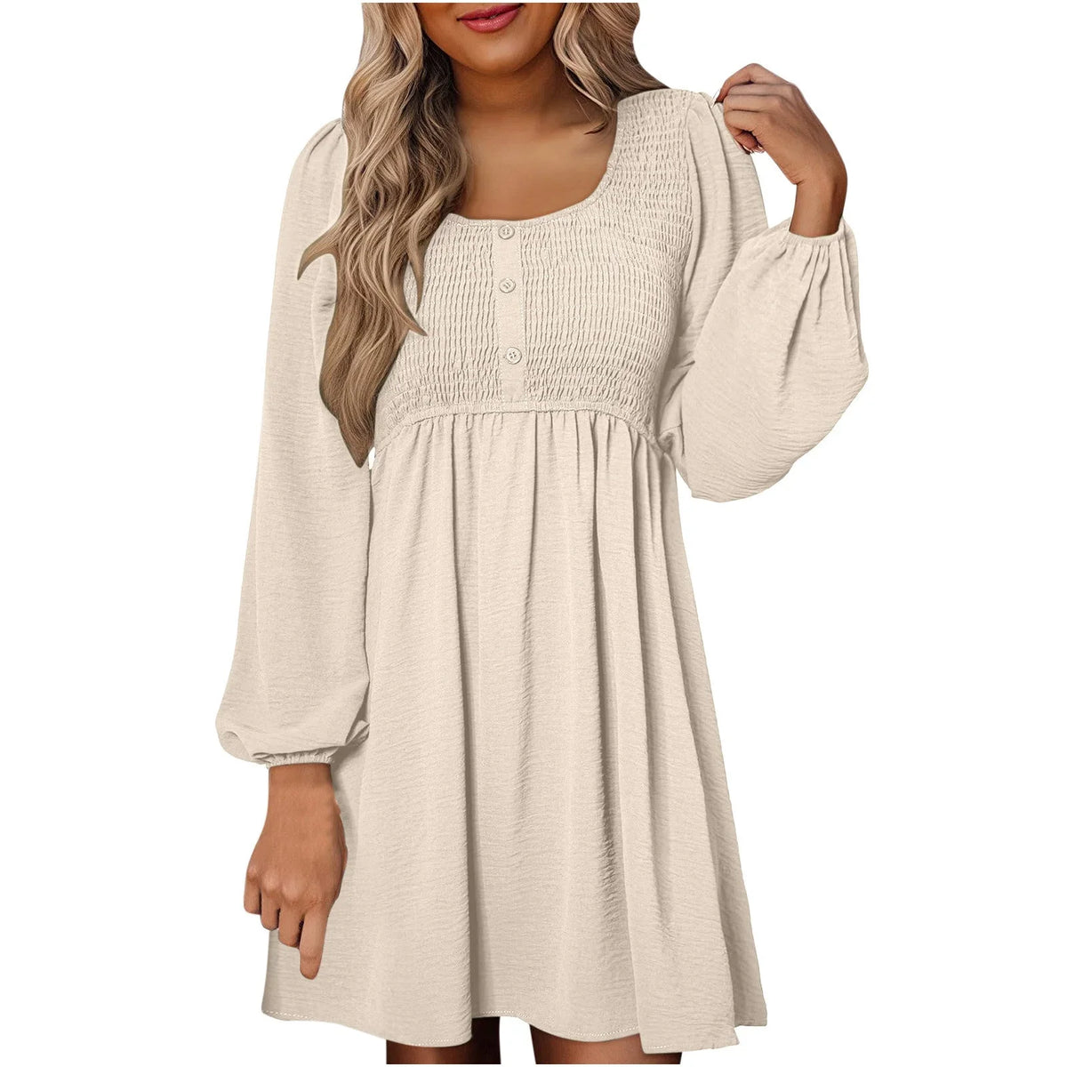Women's smocked empire-waist long-sleeve mini dress with square-neck and button-front – Apricot