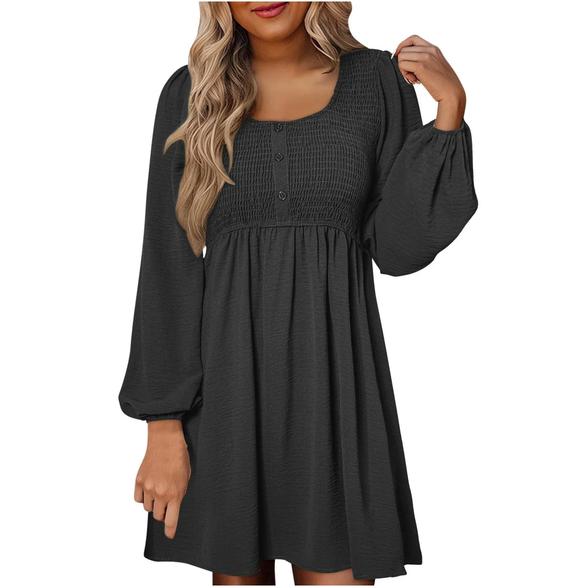 Women's smocked empire-waist long-sleeve mini dress with square-neck and button-front – Black
