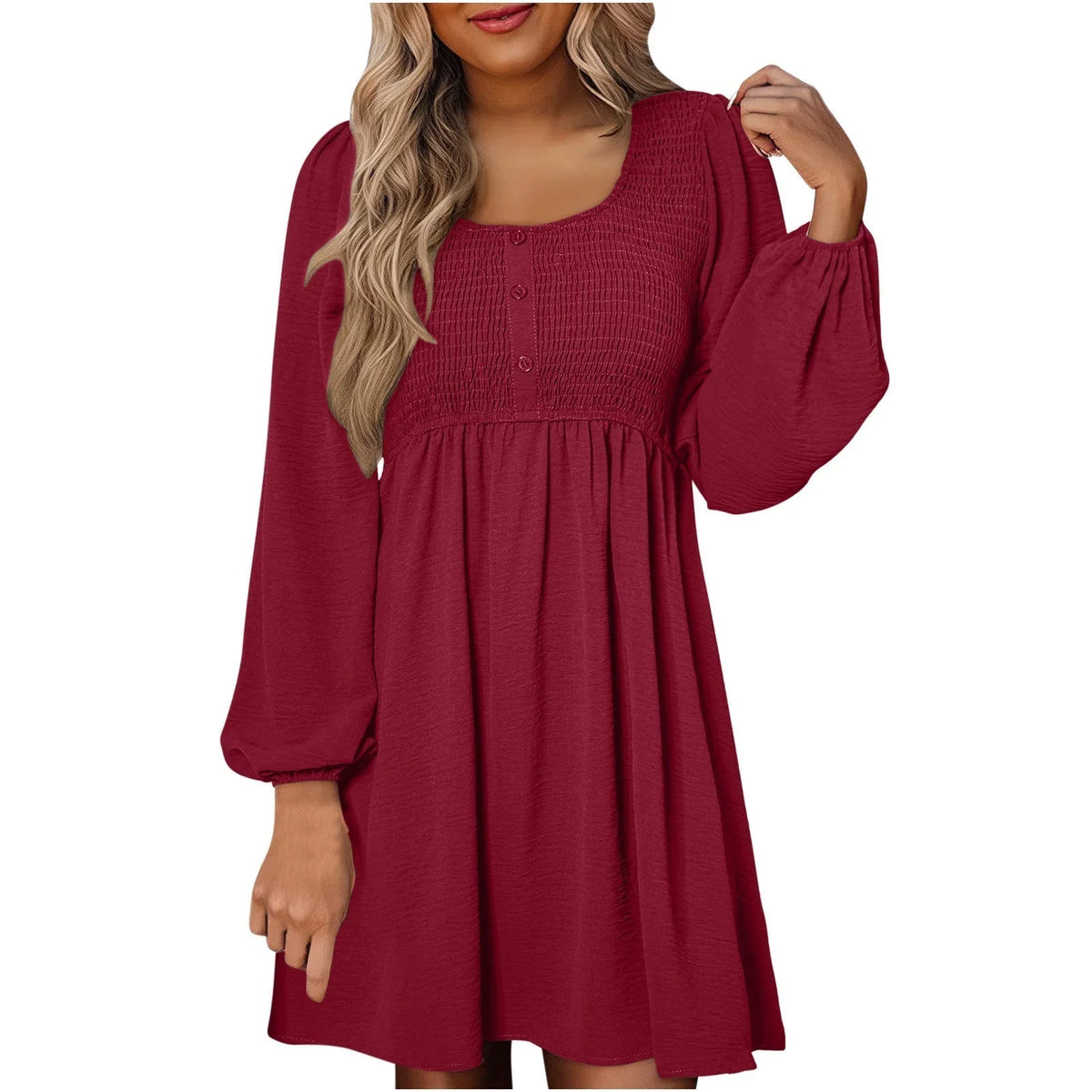 Women's smocked empire-waist long-sleeve mini dress with square-neck and button-front – Dark Pink