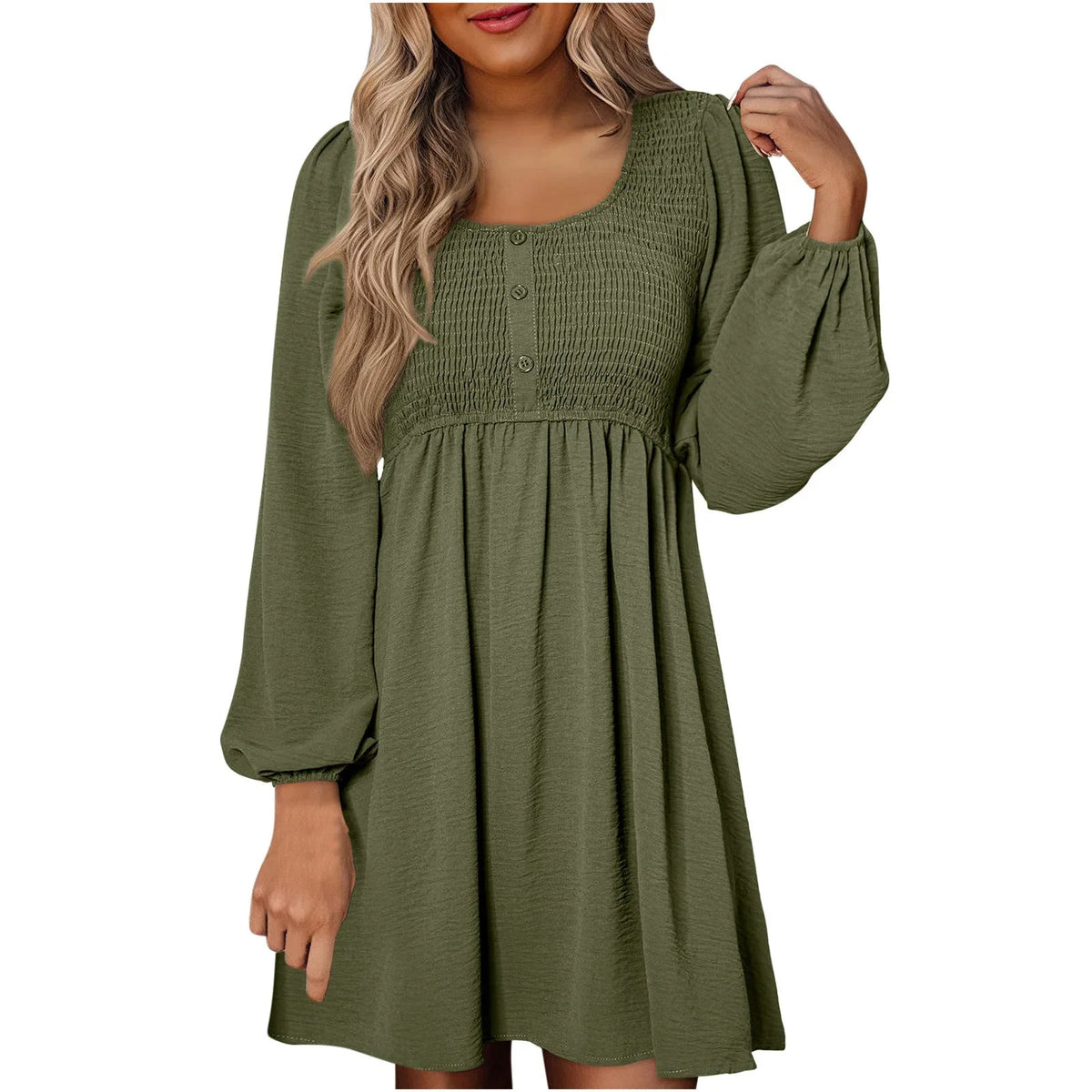 Women's smocked empire-waist long-sleeve mini dress with square-neck and button-front – Green