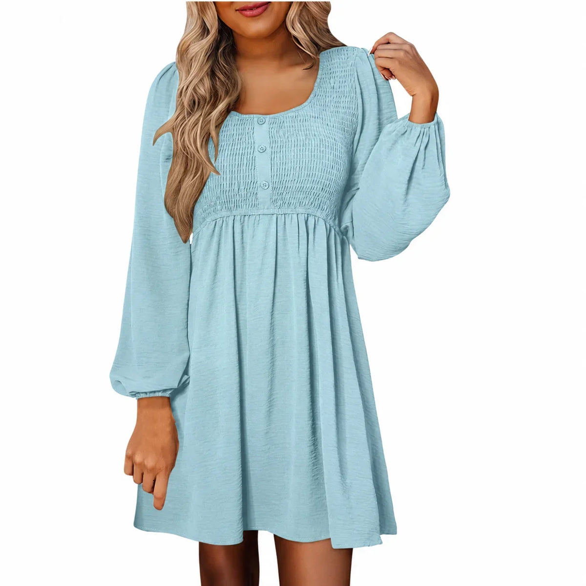 Women's smocked empire-waist long-sleeve mini dress with square-neck and button-front – Light Blue