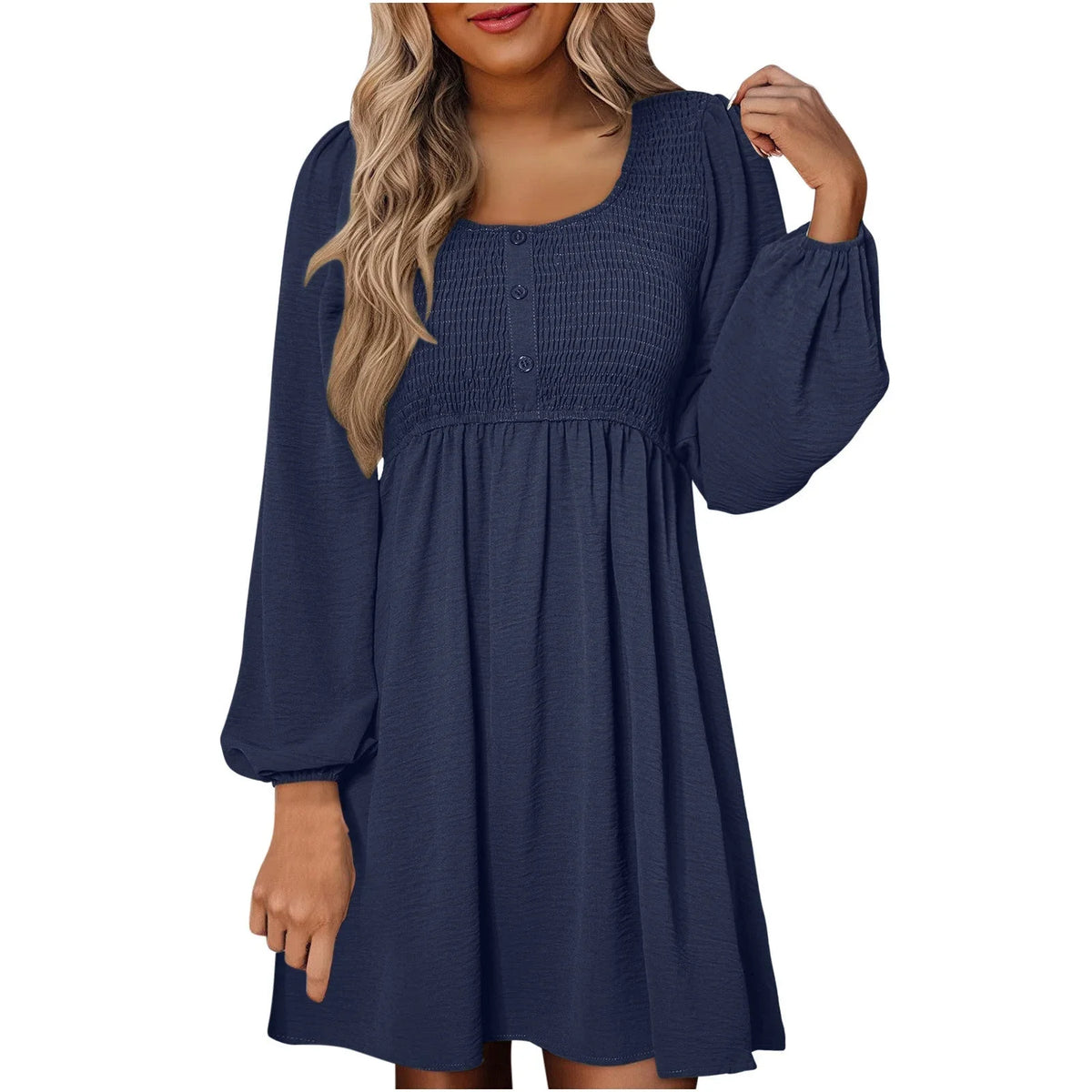 Women's smocked empire-waist long-sleeve mini dress with square-neck and button-front – Navy Blue