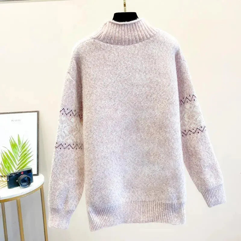 Women's snowflake relaxed fit knit sweater with ribbed mock neck
