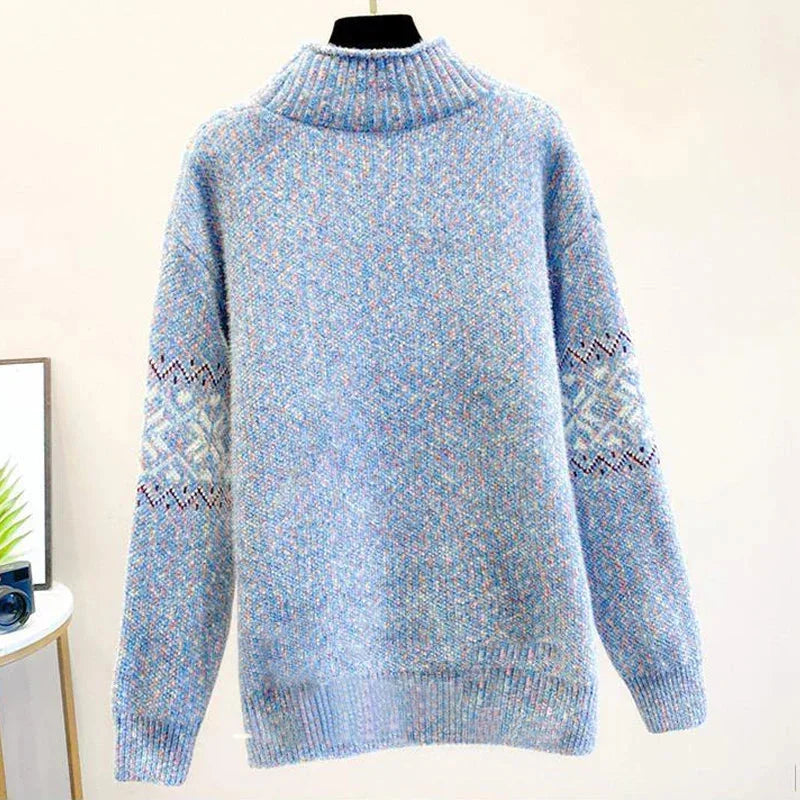 Women's snowflake relaxed fit knit sweater with ribbed mock neck
