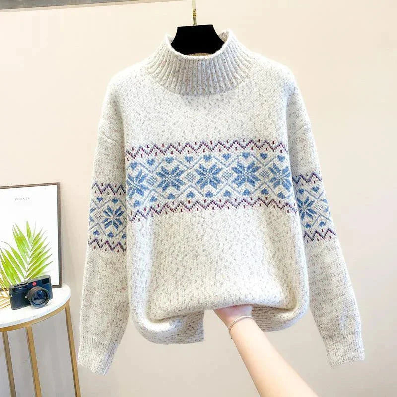Women's snowflake relaxed fit knit sweater with ribbed mock neck – Beige