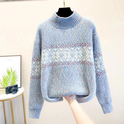 Women's snowflake relaxed fit knit sweater with ribbed mock neck – Blue