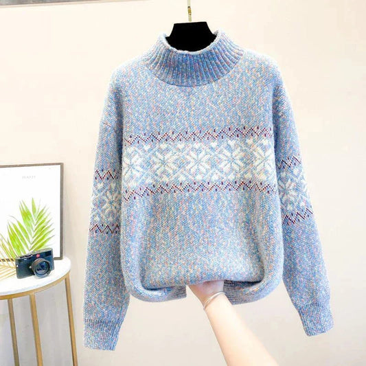 Women's snowflake relaxed fit knit sweater with ribbed mock neck – Blue
