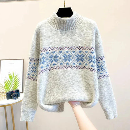 Women's snowflake relaxed fit knit sweater with ribbed mock neck – Grey