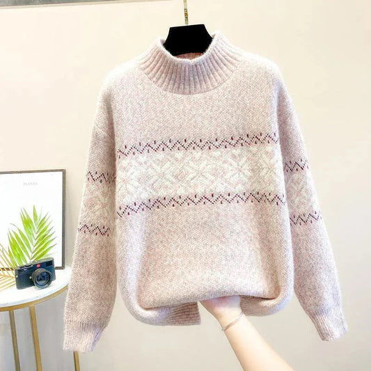 Women's snowflake relaxed fit knit sweater with ribbed mock neck – Pink
