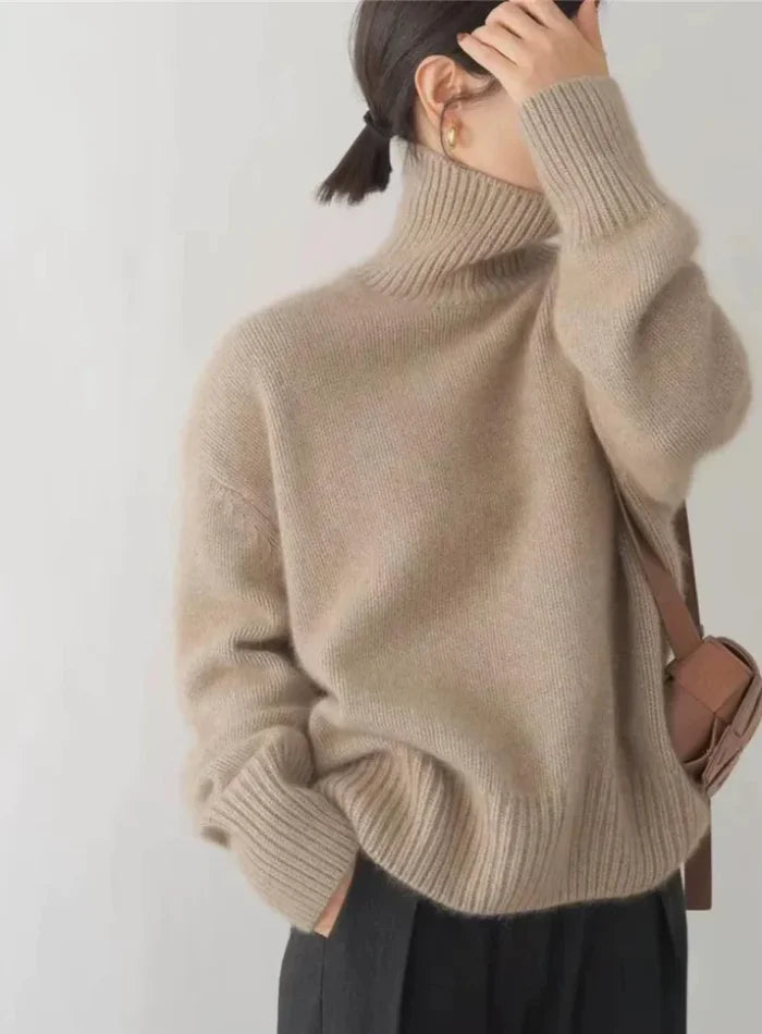Women's soft turtleneck knit sweater with ribbed cuffs and relaxed fit – Camel brown