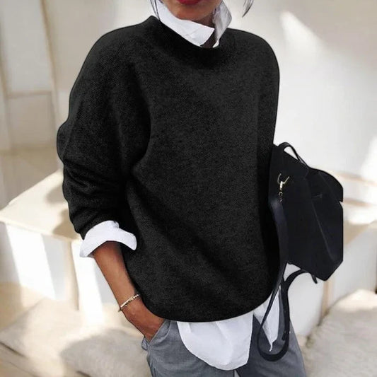 Women's soft everyday knit sweater with crew-neck long sleeves and relaxed fit – Black