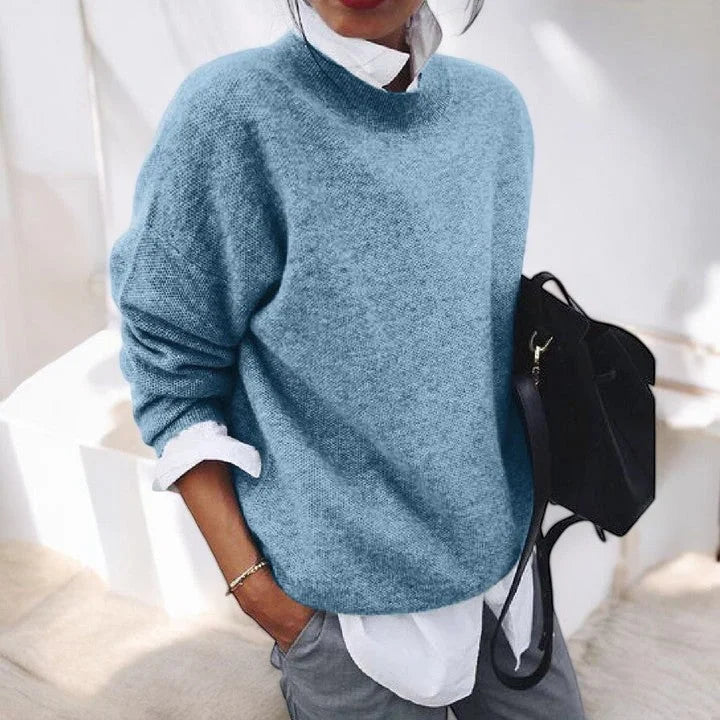 Women's soft everyday knit sweater with crew-neck long sleeves and relaxed fit – Blue