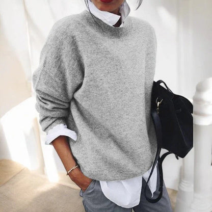 Women's soft everyday knit sweater with crew-neck long sleeves and relaxed fit – Grey