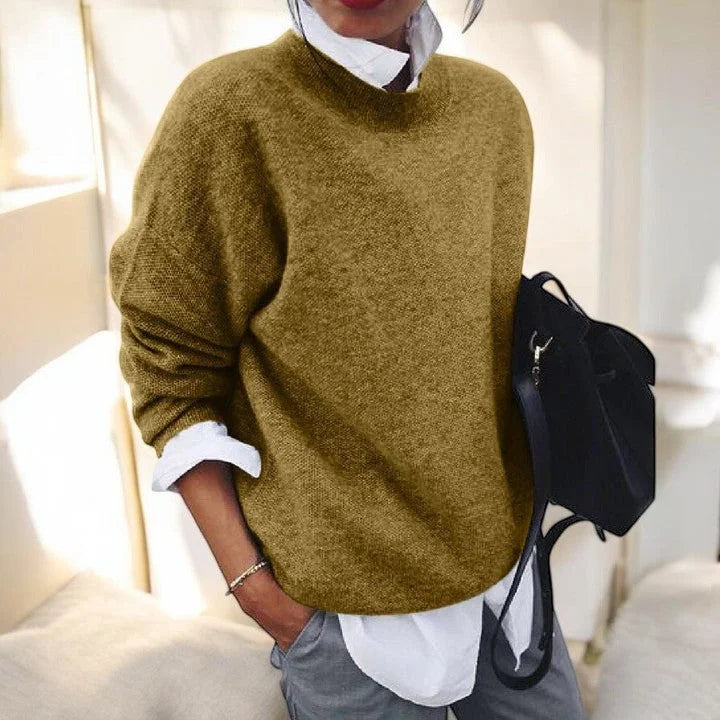 Women's soft everyday knit sweater with crew-neck long sleeves and relaxed fit – Khaki