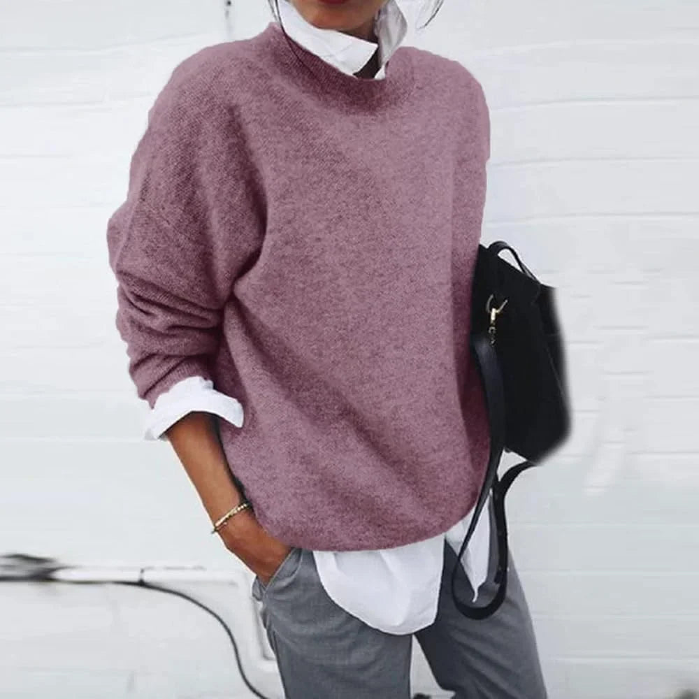 Women's soft everyday knit sweater with crew-neck long sleeves and relaxed fit – Light Pink