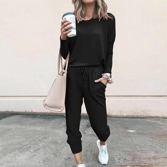 Women's soft knit loungewear set with long-sleeve top and drawstring joggers – Black