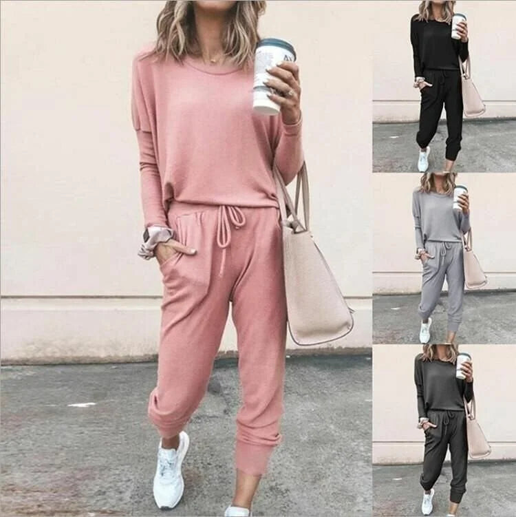 Women's soft knit loungewear set with long-sleeve top and drawstring joggers