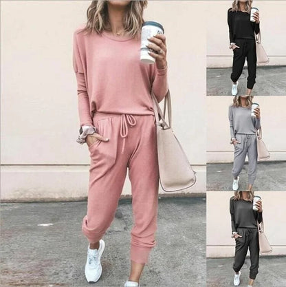 Women's soft knit loungewear set with long-sleeve top and drawstring joggers