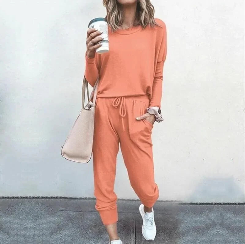 Women's soft knit loungewear set with long-sleeve top and drawstring joggers – Watermelon