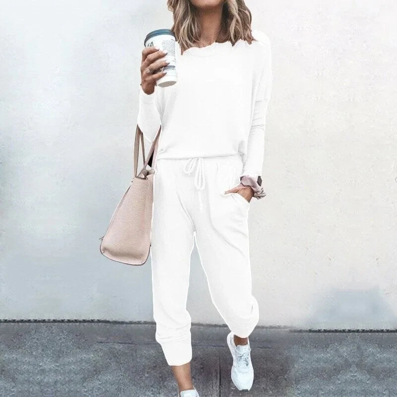 Women's soft knit loungewear set with long-sleeve top and drawstring joggers – White