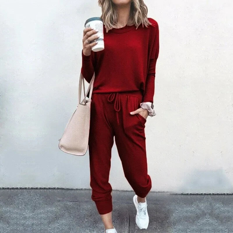 Women's soft knit loungewear set with long-sleeve top and drawstring joggers – Wine Red