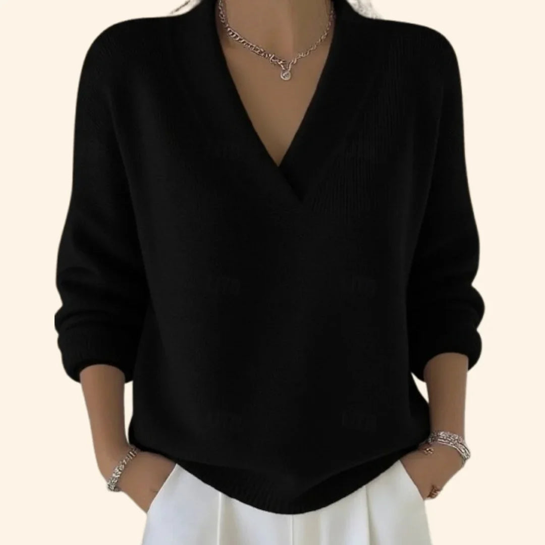 Women's soft knit relaxed blouse with V-neck and long sleeves – Black